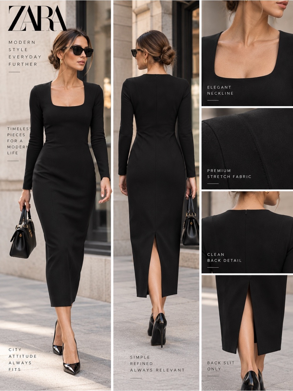 Zara Stretch Contouring Long Black Dress Size M Back Slit